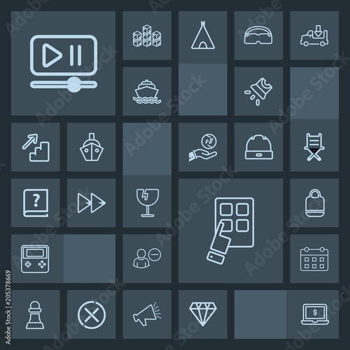 Modern, simple, dark vector icon set with button, video, computer, delete, leather, strategy, destruction, account, device, web, style, movie, screen, horse, interface, modern, projector, player icons