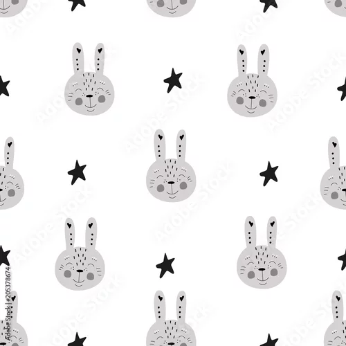 Tapety Wzór Skandynawskie dzieci gryzmoły elementy monochromatyczne ręcznie rysowane królik zając uśmiech gwiazdy twarzy