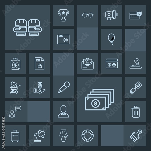 Modern, simple, dark vector icon set with summer, bin, male, inflatable, garbage, glove, holiday, travel, , trash, can, music, person, ring, recycling, utensil, competition, luggage, balloon icons