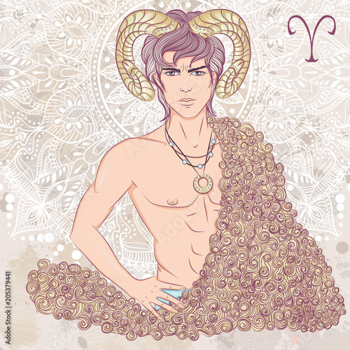 Zodiac. Vector illustration of the astrological sign of Aries as a man with a naked torso. The illustration on decorative grunge background in retro colors