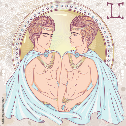 Zodiac. Vector illustration of the astrological sign of Gemini as a mans with a naked torso. The illustration on decorative grunge background in retro colors