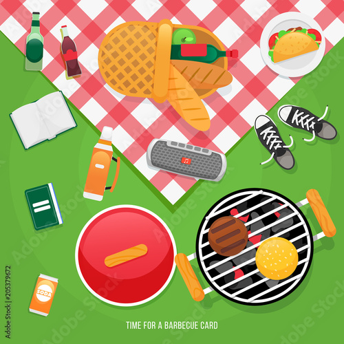 Summer, spring barbecue and picnic icons set. Snacks taco and beer. Party items, picnic basket with bread and wine. Romantic dinner, lunch for lovers outdoors.
