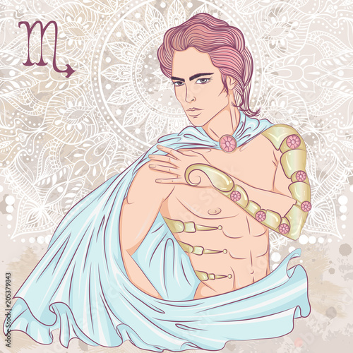 Zodiac. Vector illustration of the astrological sign of Scorpio as a man with a naked torso. The illustration on decorative grunge background in retro colors