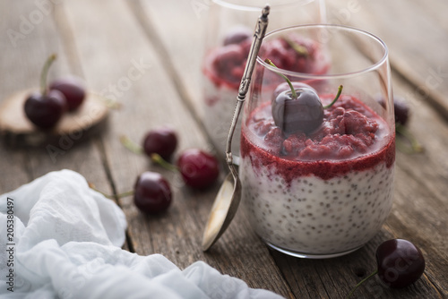 Chia pudding with cherry granita