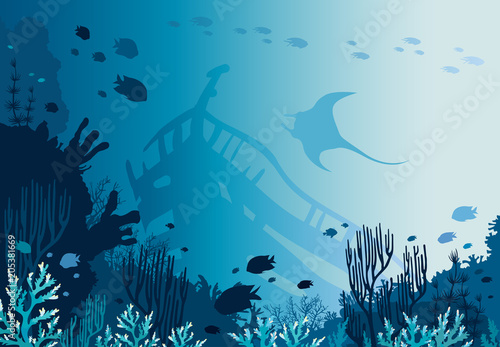 Coral reef, sunken ship, manta and underwater sea.