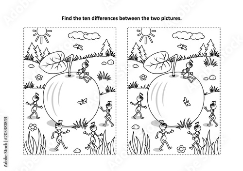 Find the ten differences picture puzzle and coloring page with ripe apple lying on the ground and five busy ants planning what to do with it

