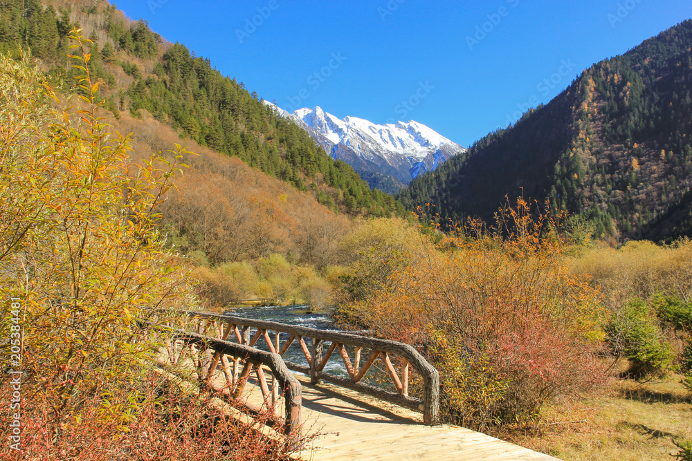 Bridge on the path of Jiuzhaigou National Park in Sichuan province, China, known as the Valley of Nine Fortified Villages