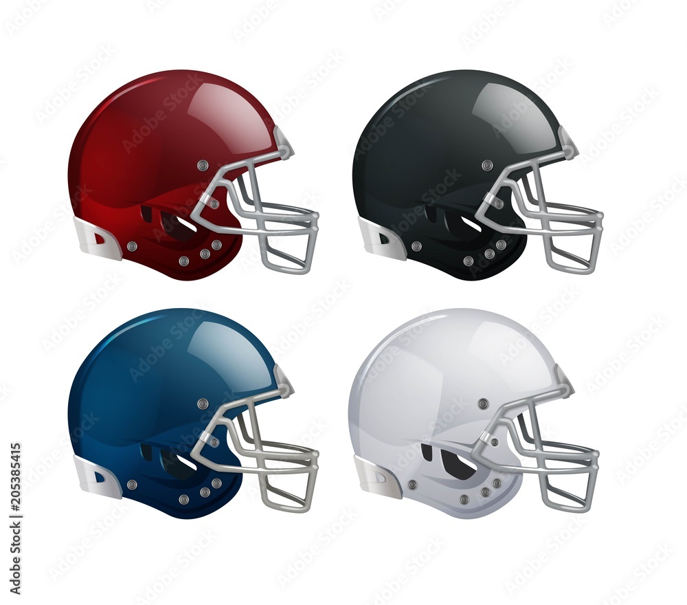Set of isolated helmets for American football on white background