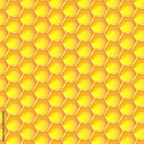 Bright yellow honeycomb seamless pattern background. Hexagonal prismatic wax cells built by honey bees in their nests vector eps 10 illustration.