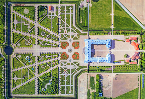 Aerial view, drone photo of Rundale palace and it's gardens, built in 18th Century 