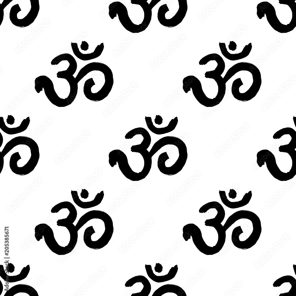 Seamless yoga pattern with Om yoga symbol. Handmade vector ink painting  isolated on white background. Stock Vector