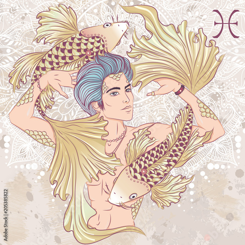 Zodiac. Vector illustration of the astrological sign of Pisces as a man with a naked torso. The illustration on decorative grunge background in retro colors