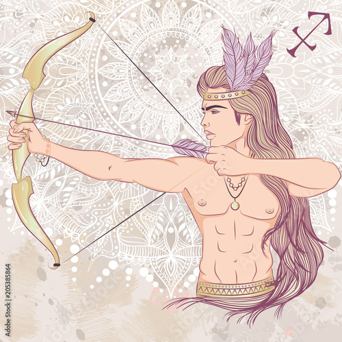 Zodiac. Vector illustration of the astrological sign of Sagittarius as a man with a naked torso. The illustration on decorative grunge background in retro colors