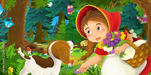 Fototapeta Naklejka Na Ścianę i Meble -  cartoon scene with young girl and happy dog in the forest going somewhere - illustration for children