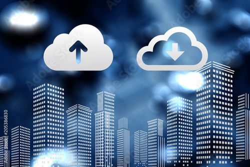 Cloud data upload and download concept, on abstract city background. 