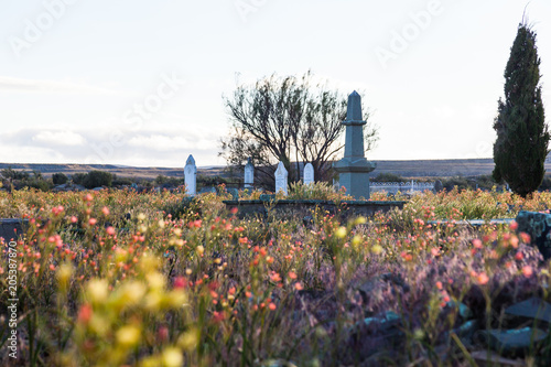 The graveyard at the town of Sutherland in the Karoo has many graves from the anglo-boer war. Sutherland, South Africa. © dougholder