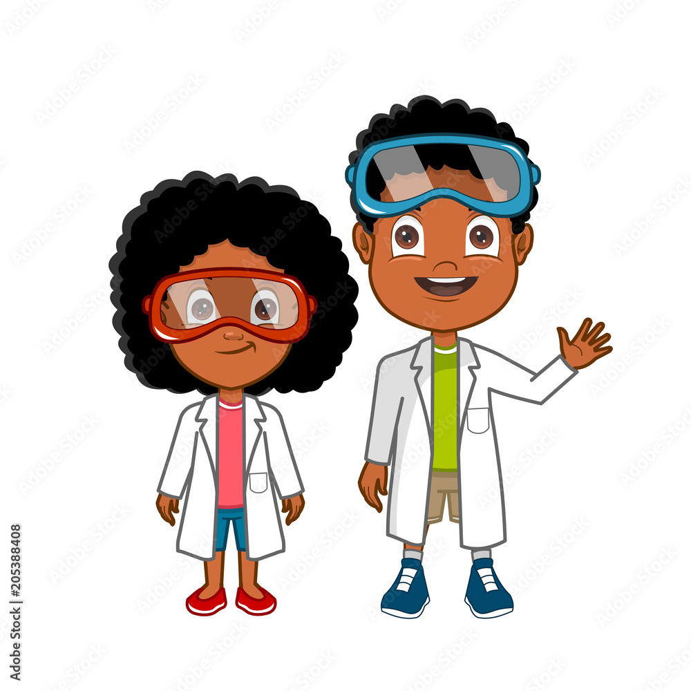 African american cartoon lab kids in white coats and goggles   