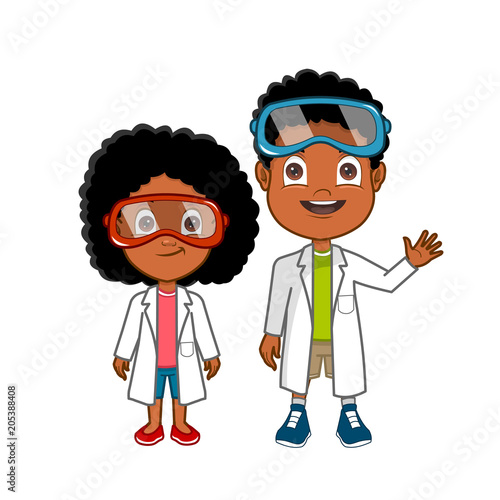 African american cartoon lab kids in white coats and goggles   