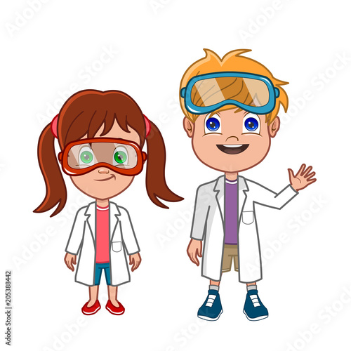 cartoon scientist boy and girl in lab coats