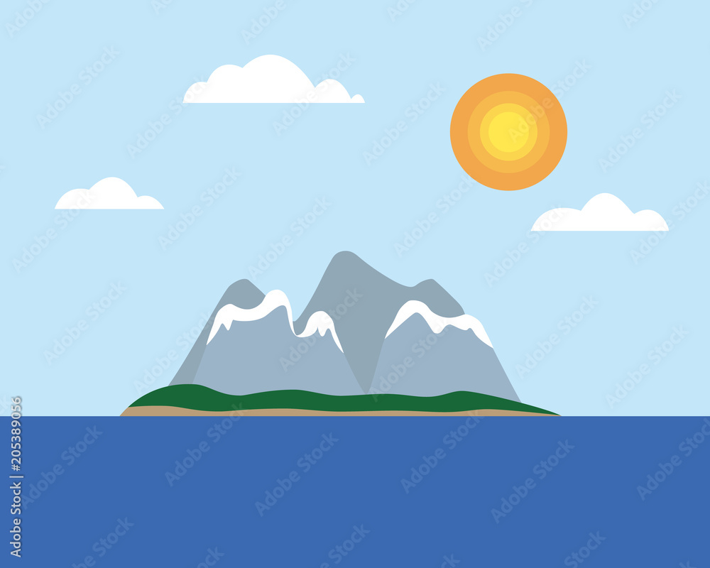 Tropical island with hills and snowy mountains, in the middle of the sea under a blue sky with sun and clouds - flat design