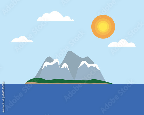 Fototapeta Naklejka Na Ścianę i Meble -  Tropical island with hills and snowy mountains, in the middle of the sea under a blue sky with sun and clouds - flat design