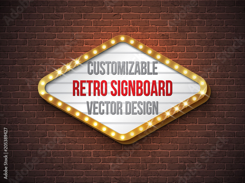 Vector retro signboard or lightbox illustration with customizable design on brick wall background. Light banner or vintage bright billboard for advertising or your project. Show, night events, cinema