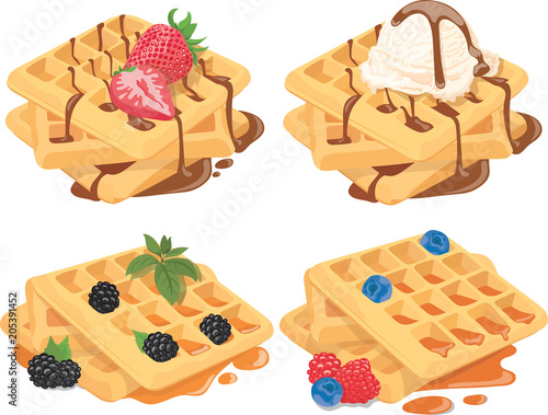 Collection of Belgian waffles with fruit fillings. A set of sweet pastries with cream and fruits. Menu of sweets for fast food. Illustration for children.