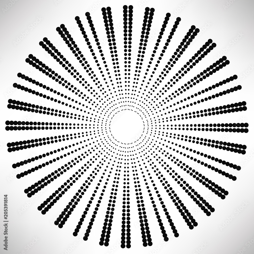 Dotted round elements, sun rays isolated on white background. Black halftone mandala. Geometric shapes. Vector illustration. Dotted round elements, sun rays isolated on white background. Black halftone mandala. Geometric shapes. Vector illustration.