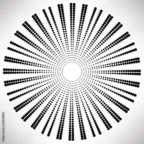 Dotted round elements, sun rays isolated on white background. Black halftone mandala. Geometric shapes. Vector illustration.