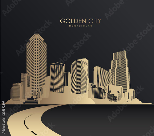 Golden cityscape with skyscrapers.