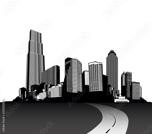Black and white cityscape with skyscrapers and road.