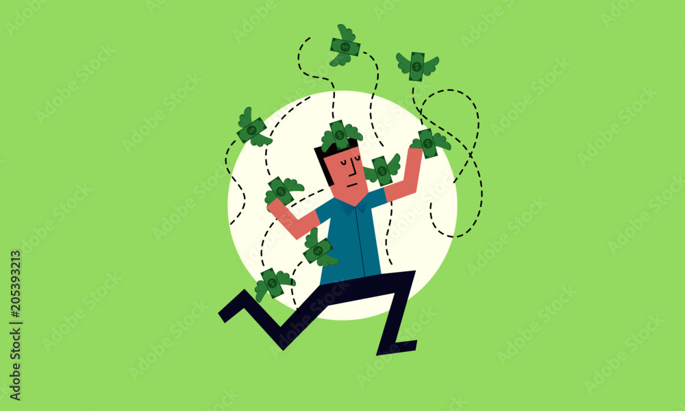 Vector Illustration of a Man attacked buy a bunch of Dollar coin. Coins/Money flying around a man. Vector Illustration of a Man attacked buy a bunch of Dollar coin. Coins/Money flying around a man.