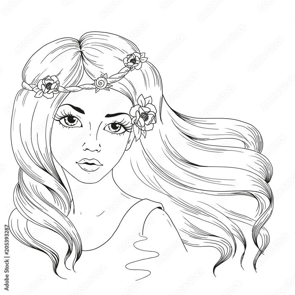 Beautiful girl with long hair. Woman with flowers in hairstyle. Vector  character hand drawing on white background. Stock Vector | Adobe Stock