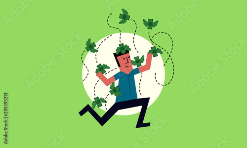 Vector Illustration of a Man attacked buy a bunch of Dollar coin. Coins/Money flying around a man.