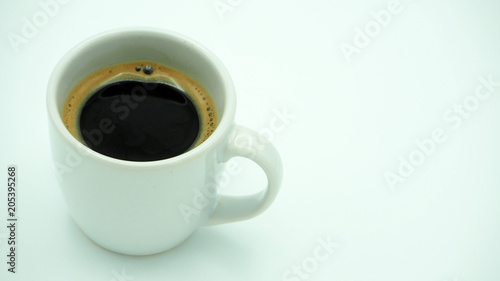 cup of hot coffee isolated on white background top view with space and bubble .