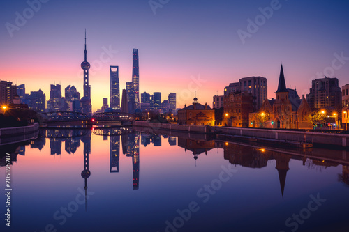 panoramic view of shanghai Lujiazui skyline during sunrise ,business district of an attractive city in China , Asia