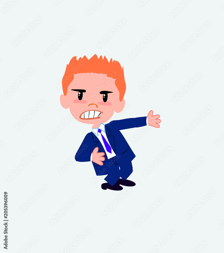 Businessman shows very angry something to his left.