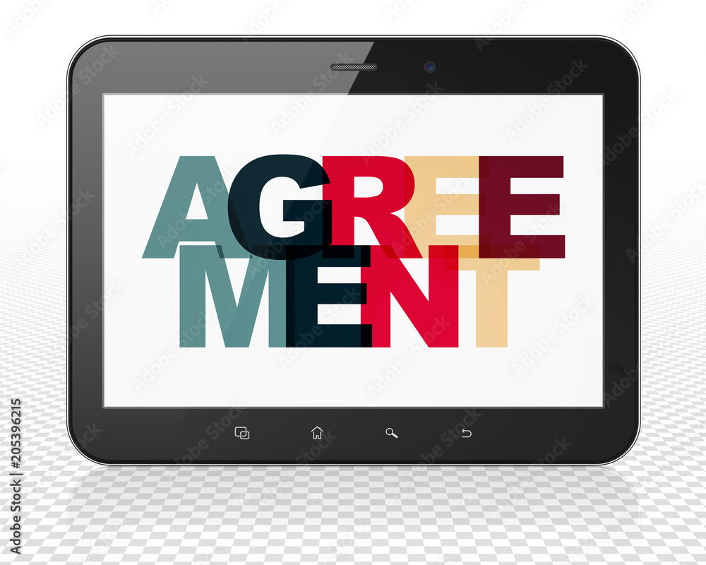 Finance concept: Tablet Pc Computer with Painted multicolor text Agreement on display, 3D rendering Finance concept: Tablet Pc Computer with Painted multicolor text Agreement on display, 3D rendering