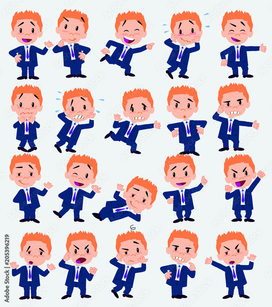 Businessman in a swimsuit. Twenty eight expressions and basics body elements, template for design work and animation. Vector illustration to Isolated and funny cartoon character.