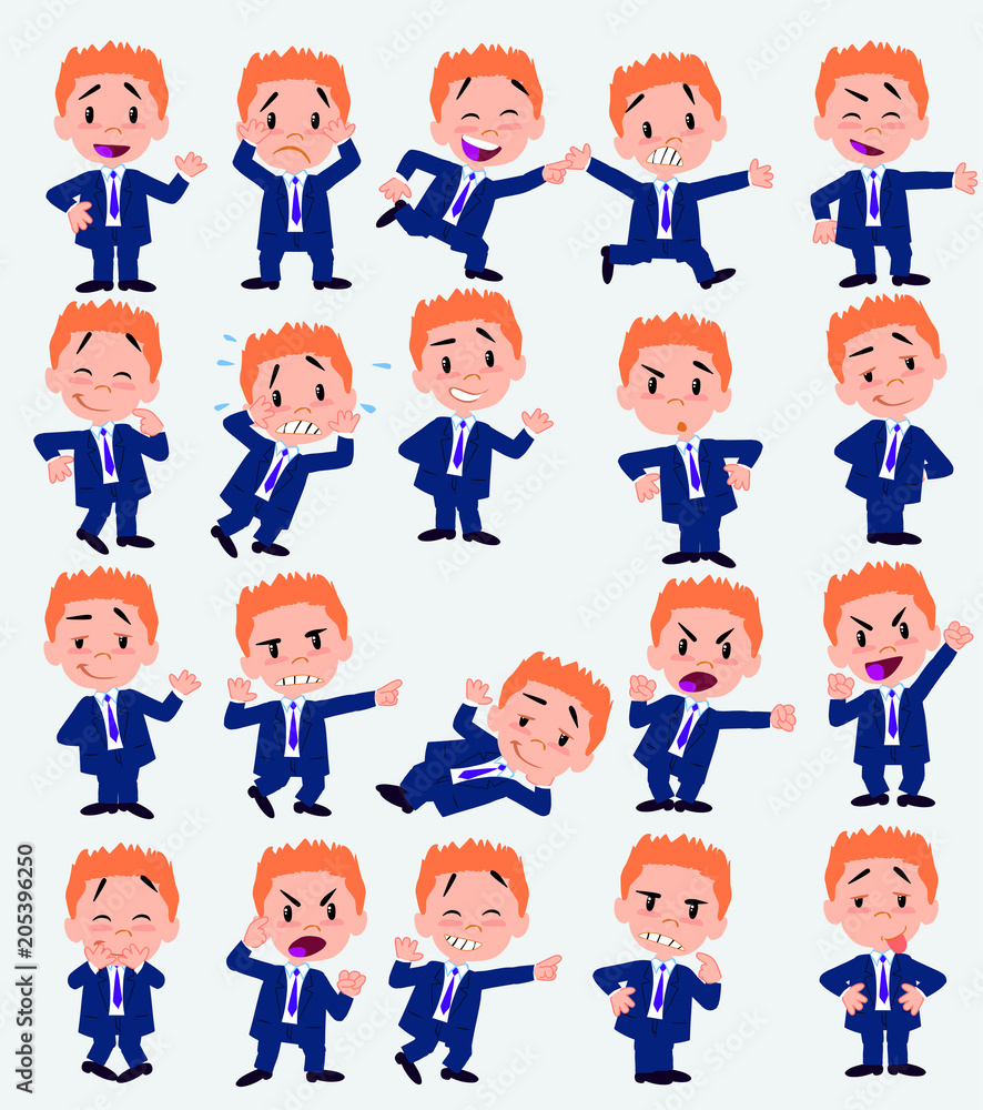 Businessman in a swimsuit. Twenty eight expressions and basics body elements, template for design work and animation. Vector illustration to Isolated and funny cartoon character.