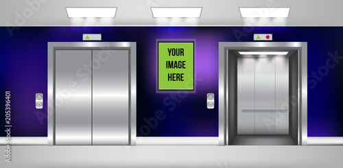 Chrome metal office building elevator doors realistic vector illustration