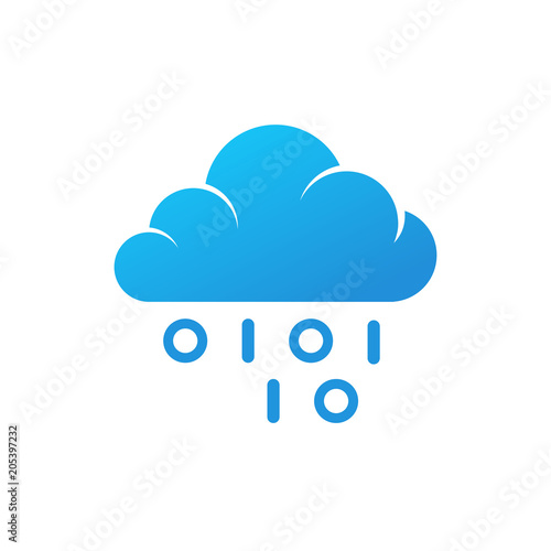 Coding logo. Blue cloud isolated vector icon with binary code as precipitation . Data storage logotype on white background