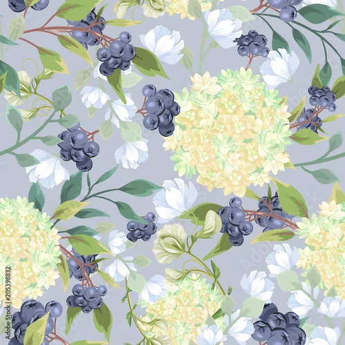 Tapety Wzór z kwiatów hortensji i niebieskie jagody