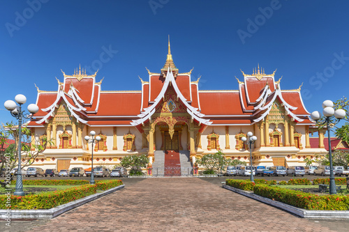 Temple at Pha That Luang complex, Vientiane, Laos, Southeast Asia.