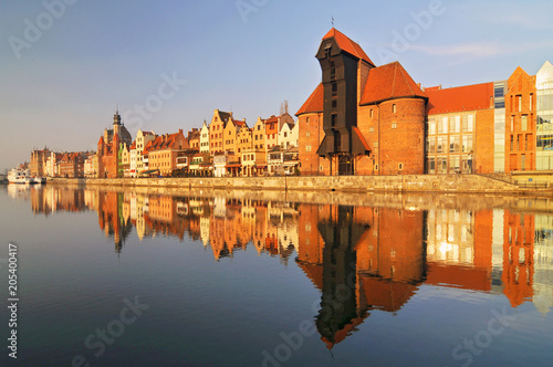 Pomerania Gdansk the historic Quayside (Dlugie Pobrzeze) of the old harbour and the medieval wooden port crane, Poland Eastern.