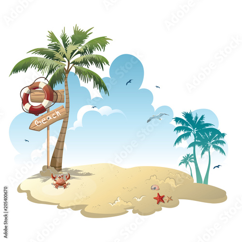 Cartoon island with luggage in the sea. Illustration for a travel company. Summer vacation at the sea. Illustration of a sandy wild tropical beach with palm trees and luggage. Vacation.