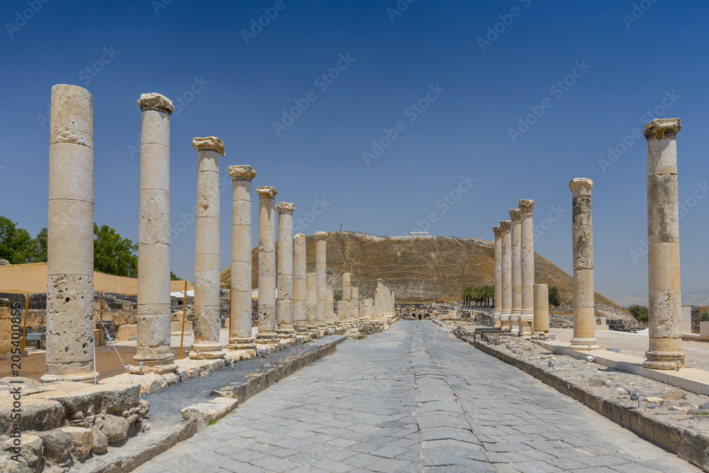 Ruins of the Roman Byzantine city Scythopolis, Tel Beit Shean National Park, Israel.