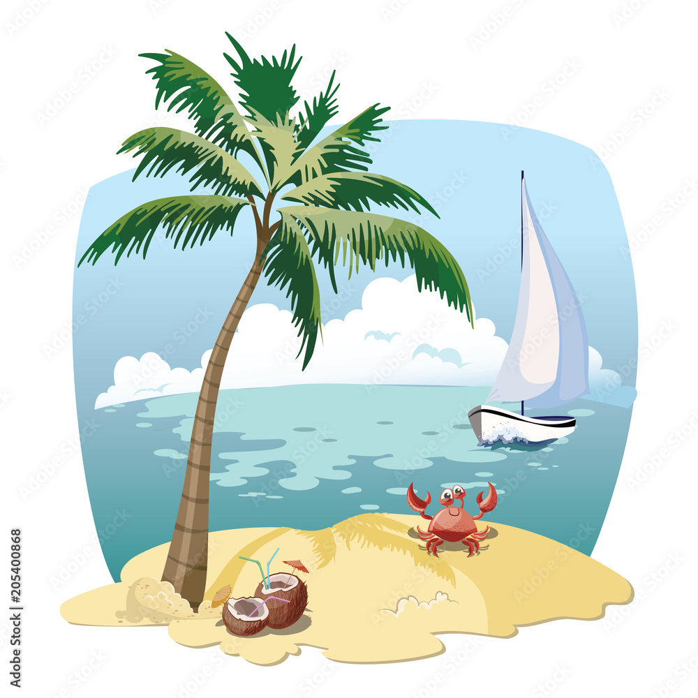Cartoon island in the sea with a yacht. Illustration for a travel company. Summer  vacation at the sea. Illustration of a sandy wild beach with palm trees.  Vacation. Drawing for children. Stock