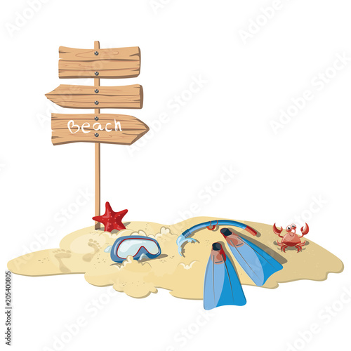 Cartoon island with elements for diving. Illustration for a travel company. Summer vacation at the sea. Illustration of a sandy wild tropical beach with palm trees and luggage. Vacation.