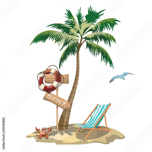 Cartoon island in the sea with a chaise longue and surfboard. Illustration for a travel company. Summer vacation at the sea. Illustration of a sandy beach with an umbrella. Vacation. Drawing for child